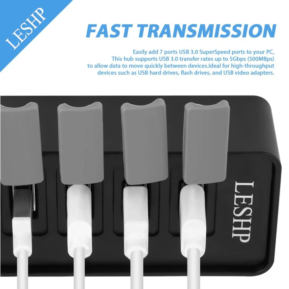 7 портов USB 3,0 концентратор Высокоскоростной 5 Гбит/с USB 3,0 концентратор данных разветвитель со светодиодами и переключателем внешний адаптер питания для ПК ноутбука