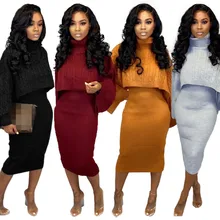 Новая распродажа, осенне-зимнее платье-свитер, комплект из двух предметов, женский модный пуловер с высоким воротом и длинным рукавом, вязаный свитер+ облегающее платье