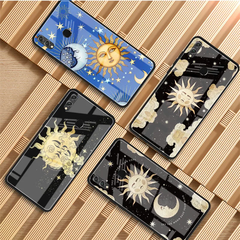Забавный Солнце Луна лицо закаленное стекло чехол для телефона Huawei P20 P30 P40 Lite Pro