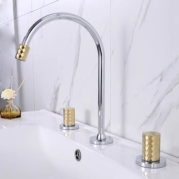 

Bathroom Sink Faucet Mixer Brush Gold And Chrome Basin Faucet 3 Hole Widespread Basin Mixer Double Handle Hot And Cold Water Tap