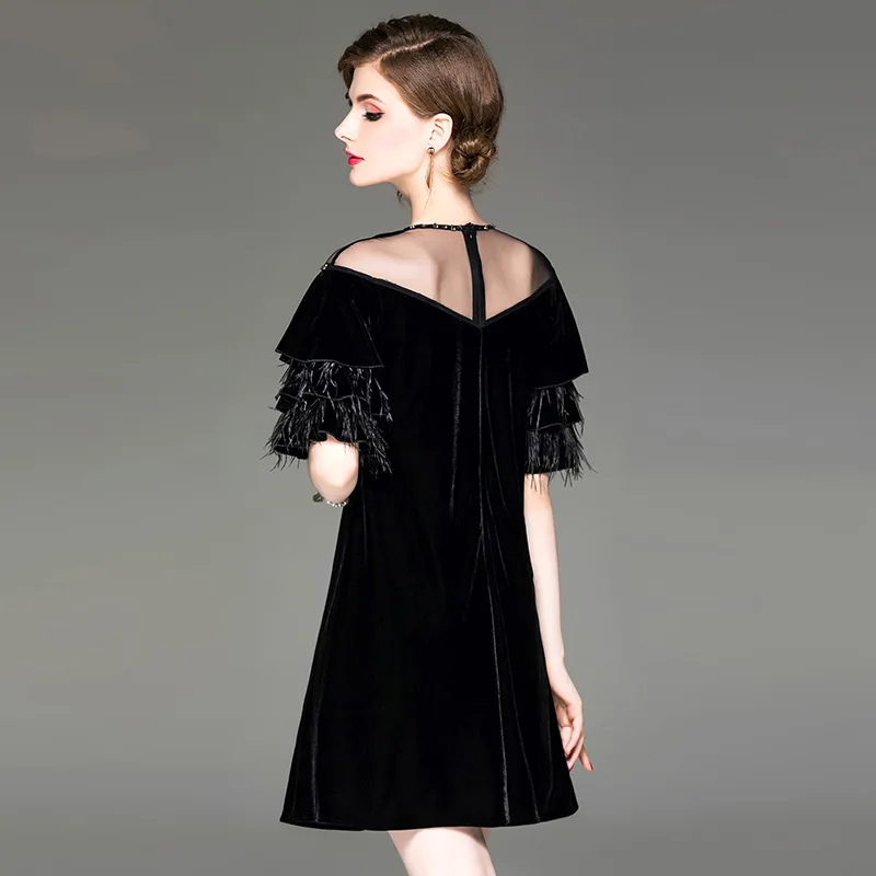Achat Automne nouvelles femmes perlées maille col rond velours robe autruche plume lotus feuille manches robes