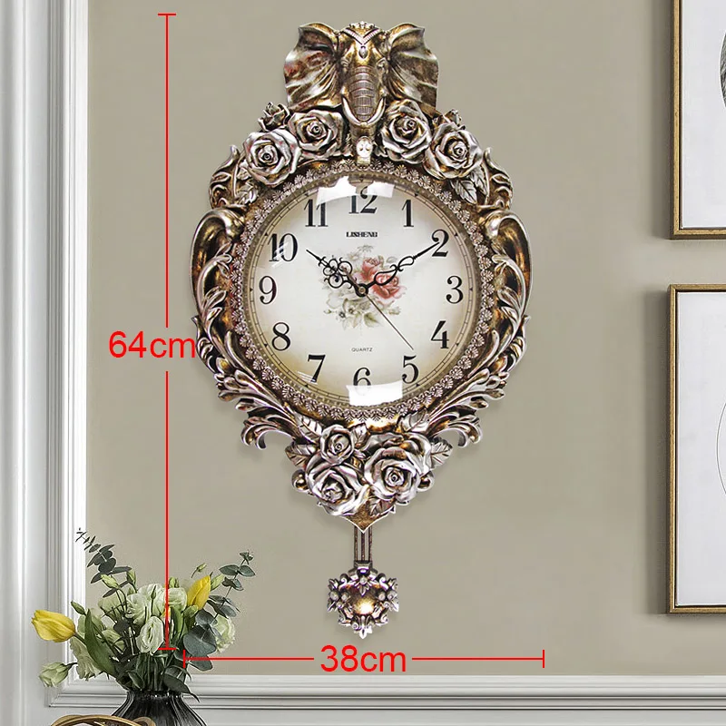 Large Silent Flower Carving Pendulum Quartz Clock Elephant Swing Wall Clock Z1218-4  