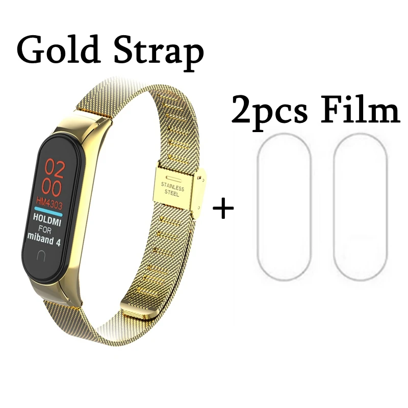 Gold Mi band 4 металлический ремешок с пленкой Mi Band 4 3 умный Браслет замена цвета из нержавеющей стали Miband 3 4 ремешок Пряжка Браслеты - Цвет: Gold