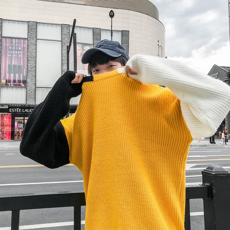 Men's sweater autumn and winter new Hong Kong style loose color matching warm sweater youth personality men's clothing - Цвет: yellow