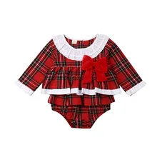 Осенняя одежда для детей одежда для малышей Штаны для девочек с рождественским изображением клетчатые вечерние с длинными рукавами платье, боди-комбинезон, комплект