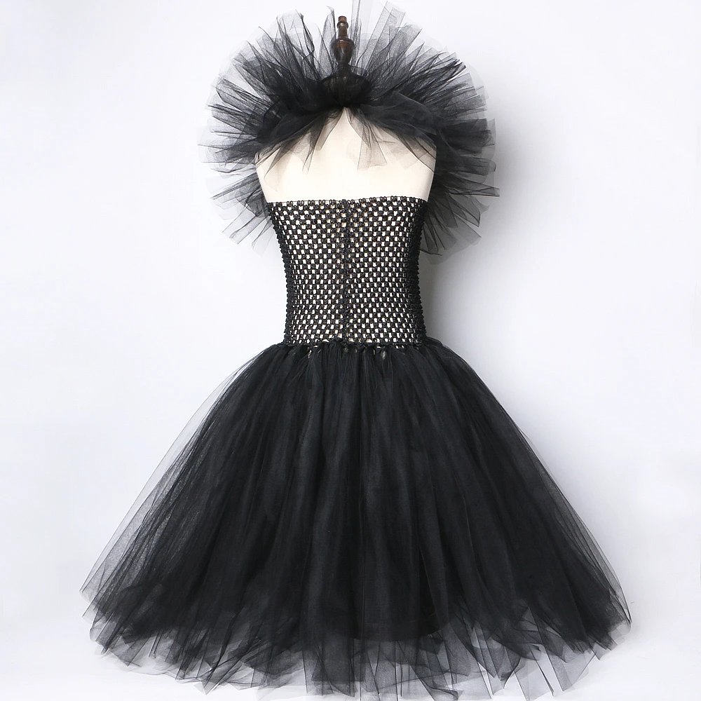 Solid Black Maleficent Halloween Costumes Girls Kids Witch Long Tutu Dress Ankle Ball Gown Devil Cosplay Outfit Horns Wings girls dress,princess costume,kids clothes