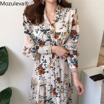 

Mozuleva Chic Lace Patchwork Women A-line Dress Chiffon Lace Up Floral Print Female Dress High Waist Elegant Vestidos femme 2020