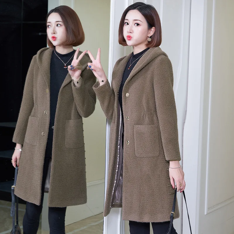 

2019 Gold Mink Cashmere Overcoat Women's Mid-length New Style Slim Fit Slimming Thick Plush Water Mink Cashmere Wool Coat