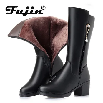 

Fujin Fur Warm Shoes Wool Women Snow Boots Fashion Breathable Plush High Boots Platform for Women Genuine Leather Winter Boots