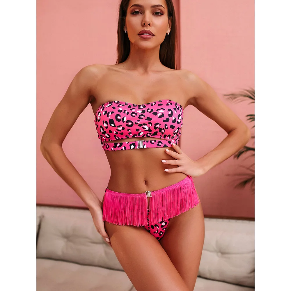 

Leopard Tassel Bikini Sets Sexy Swimsuit Women Leopard Tassel Two Piece Swimsuit Bikini Push-up Padded Bra Swimwear Summer Beach