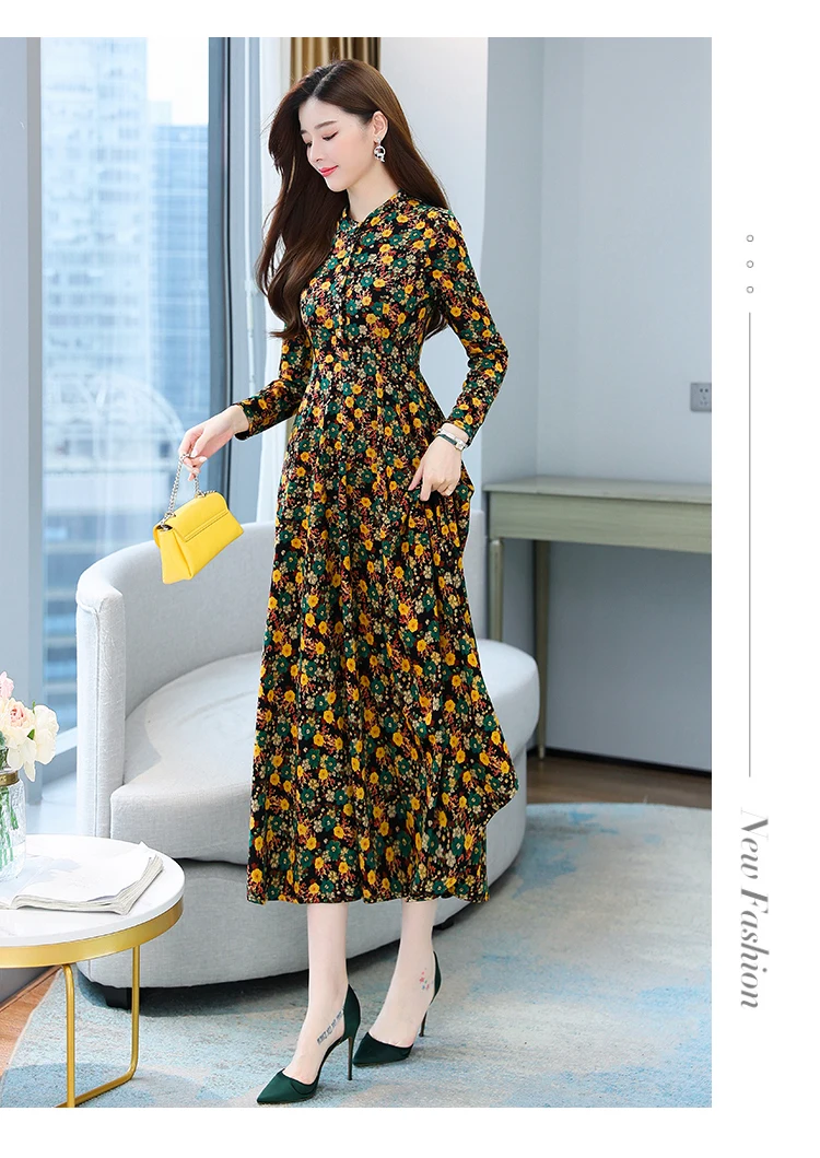 2021 Autumn New Arrival Hot Sale Stand Collar Flower Printed Long Sleeve Knitting Cotton A-LINE  Mid-Calf  Long Dress
