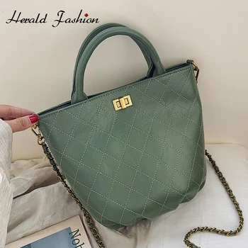 

Herald Fashion Chain Bucket Messenger Bag Women Plaid Casual Top-handle Bag Solid Black Luxury Cross Body For Ladies Bag Brand