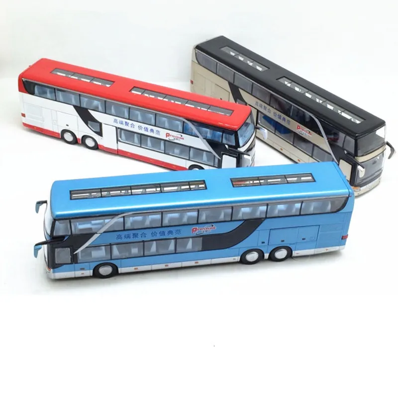 1/32 Diecasts сплав с откидной спинкой высокая имитация двухслойная вспышка открытая дверь музыка экскурсионный автобус модель автомобиля игрушка для детей