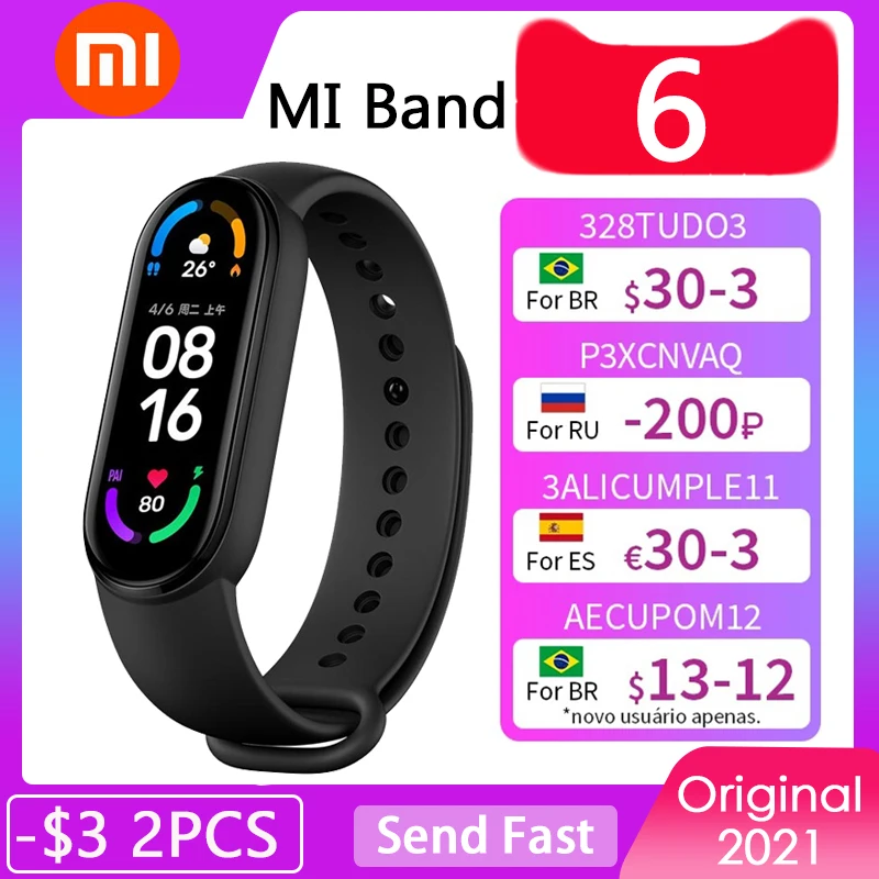 Смарт браслет Xiaomi Mi Band 6, фитнес трекер с AMOLED экраном 5 цветов, с функцией измерения уровня кислорода в крови, с поддержкой Bluetooth, водонепроницаемый