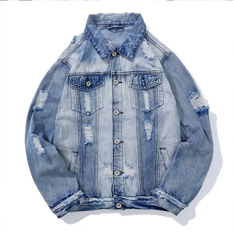 

Men Light Blue Denim Jackets and Coats Holes Jean Jackets High Quality Men Cotton Loose Denim Coats Casual Jean Coats
