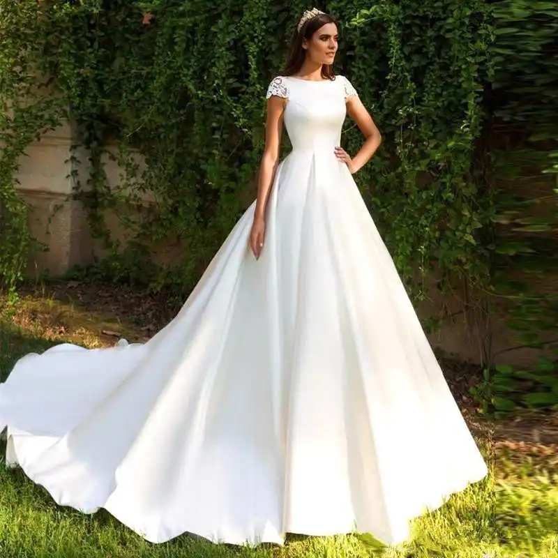 Robe De Mariee Longue En Dentelle Satin Col Rond Manches Courtes Dos Nu 2021 Aliexpress