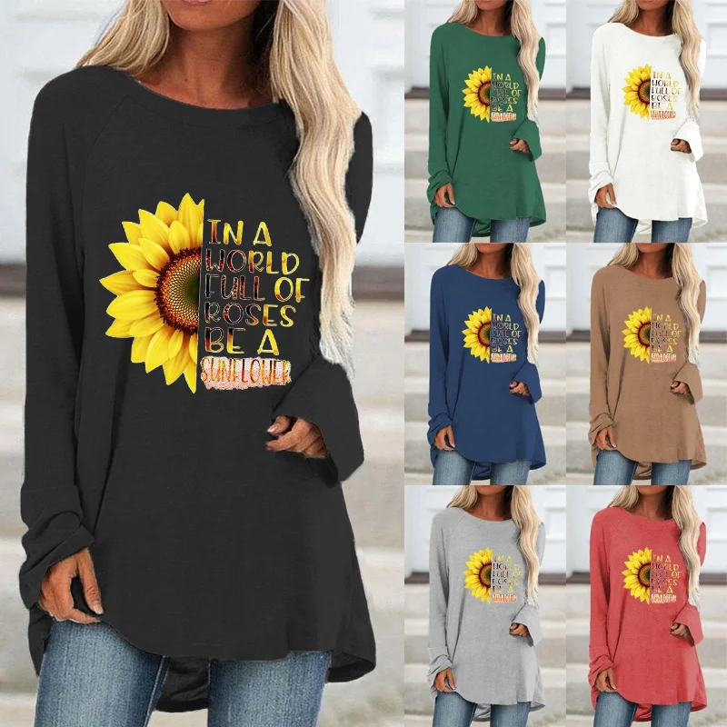 

Autumn Women Fashion Casual Sunflowers Printed Round Neck Long Sleeved Shirts & Tops Loose Ladies Graphic T-shirt Plus Size