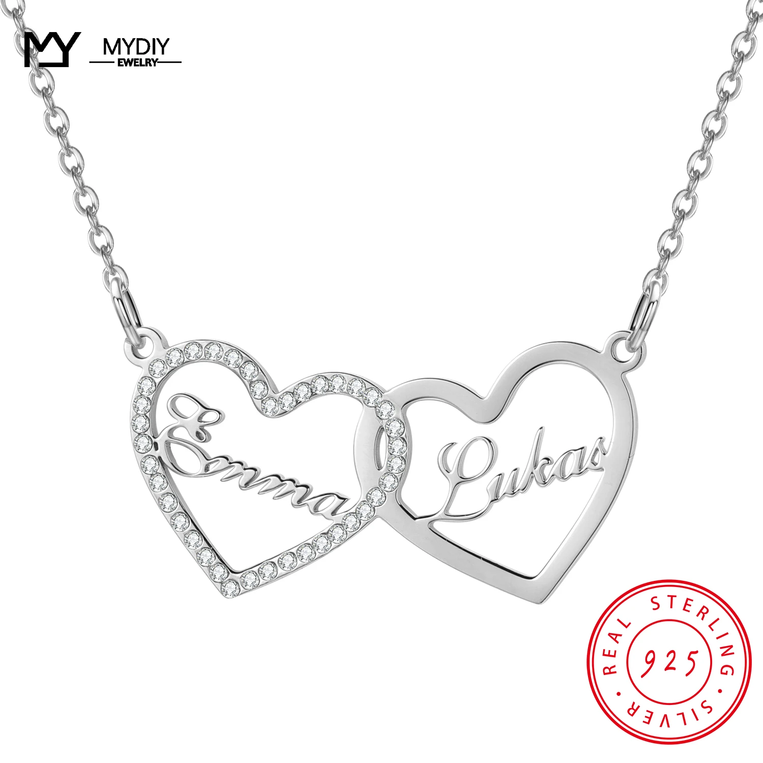 MYDIY Genuine 925 Sterling Silver Necklace Double Heart Pendant For Women Love Silver 925 Jewelry 925 Silver Shiny Full Zircon