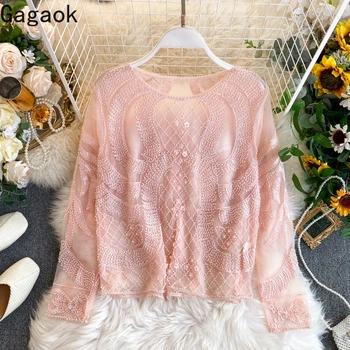 

Gagaok Women Mesh Ins T-shirt Spring Autumn New Solid O-Neck Beading Chiffon Casual Sexy Retro Wild Female Fashion Pullover Tops