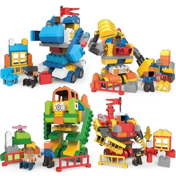 

4Style 63pcs City Engineering Bulldozer Transform Robot Building Blocks Toys Duploe Large Police Firefight Engineer Toys For Kid