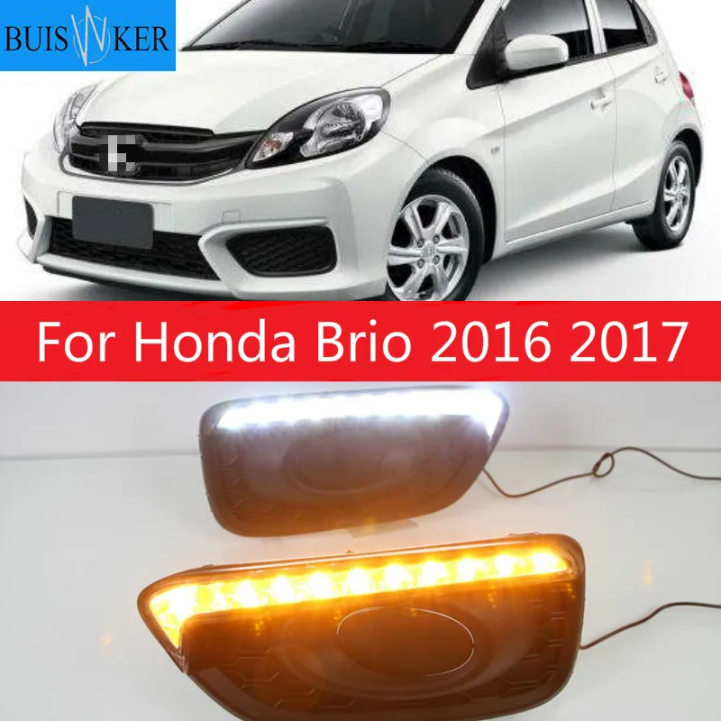 

1Pair DRL Car 12V LED Daytime Running Light Fog Lamp cover daylight For Honda Brio 2016 2017 ABS with Yellow turn signal