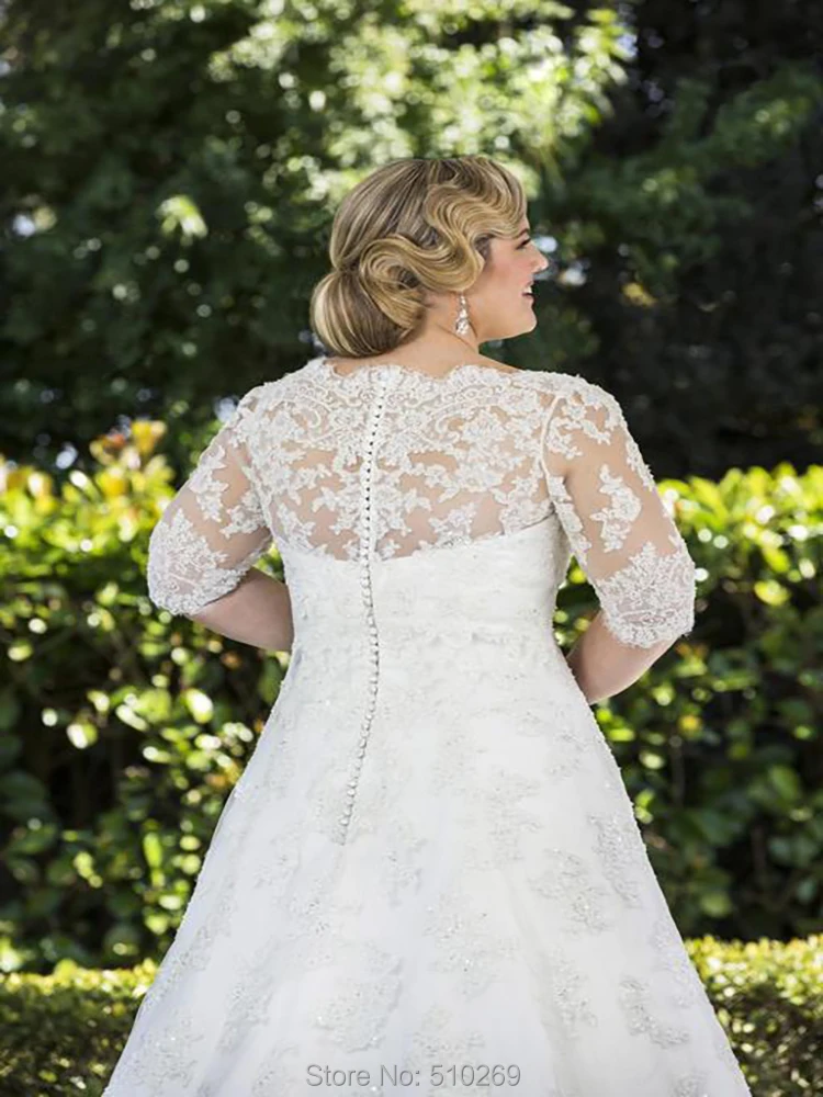 V Neck Half Sleeve Sheer Illusion Lace Appliques Custom Made Vestido De Noiva Renda Vintage Plus Size Wedding Dress