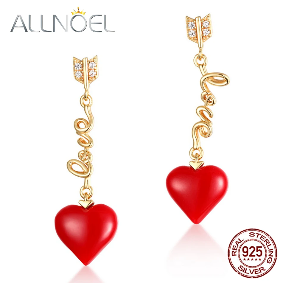 ALLNOEL Real 925 Sterling Silver 9K Gold synthetic coral Heart Pendant Earrings  Jewelry Gift For Women Fine Jewelry 2019 NEW (8)
