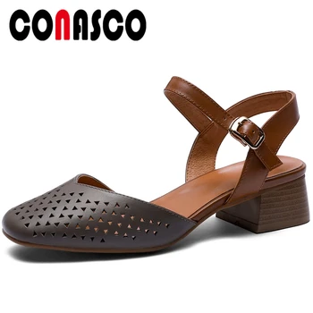 

CONASCO Women Sandals Genuine Leather Summer 2020 New Thick Heels Shoes Retro Concise Fretwork Shallow Casual Office Shoes Woman