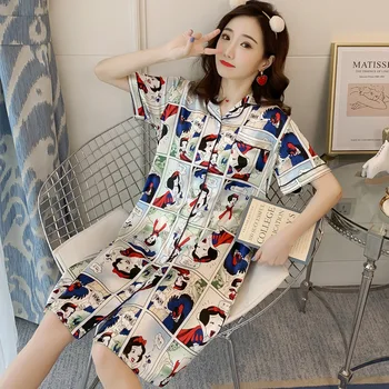 

Summer New Nightdress Female Short-sleeved Cardigan Simulation Silk Sexy Ice Silk Homewear Nightshirts Camisones Para Dormir