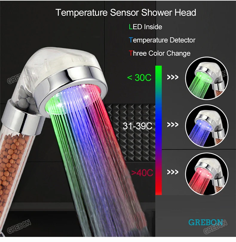 Details about   Shower Head Temperature Control Rgb Light High Water Pressure Anion Filter Ball 