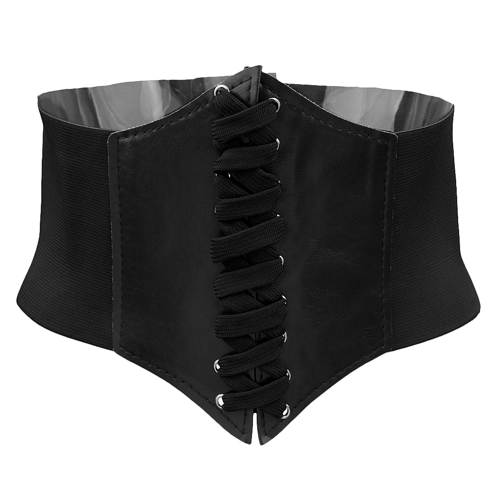 Women PU Leather Lace-up Corset Elastic  Belt Faux Leather Underbust Waist Belts