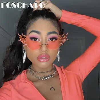 

2020 Fire Flame Sunglasses Women Punk Rimless Sun Glasses Brand Designer Eyewear Big Hollow Shades Streetwear Red Lens Mirror