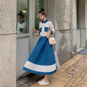 

French Slimming Mock Two-Piece Shirt Dress Female Autumn 2020 New Style Mid-length Long Sleeve Waist Hugging Elegant Long Skirts