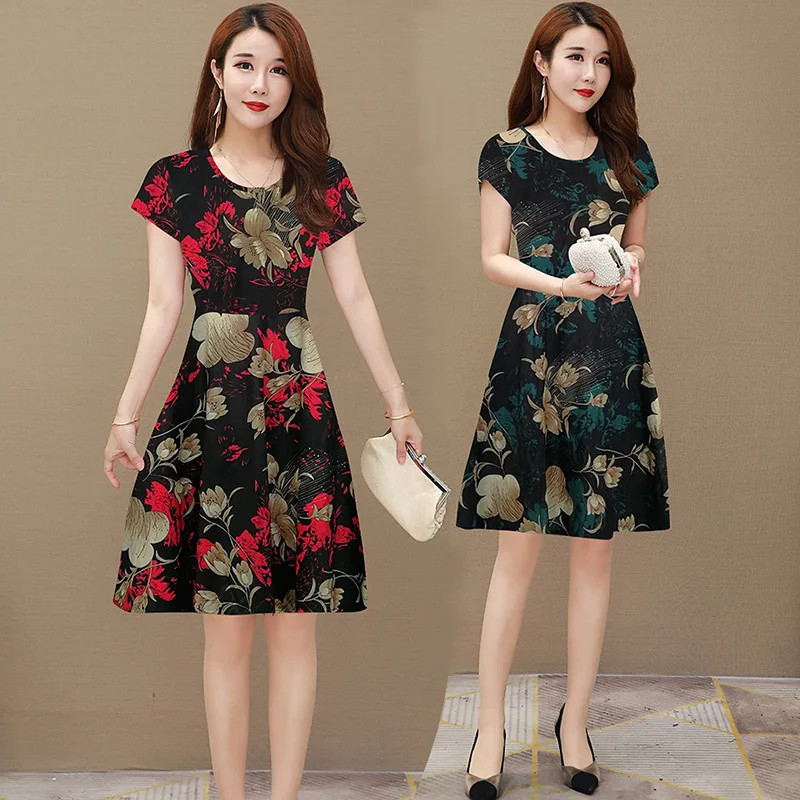 

2020 New Style Floral-Print Viscose Dress Female Spring Summer Fashion Large Size Dress Slimming by Age Elegant A- line Skirt