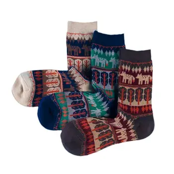 

3 Pairs Korean Womens Ethnic Cotton Crew Socks Contrast Color Stripes Fox Tree Pattern Print Harajuku Casual Autumn Winter