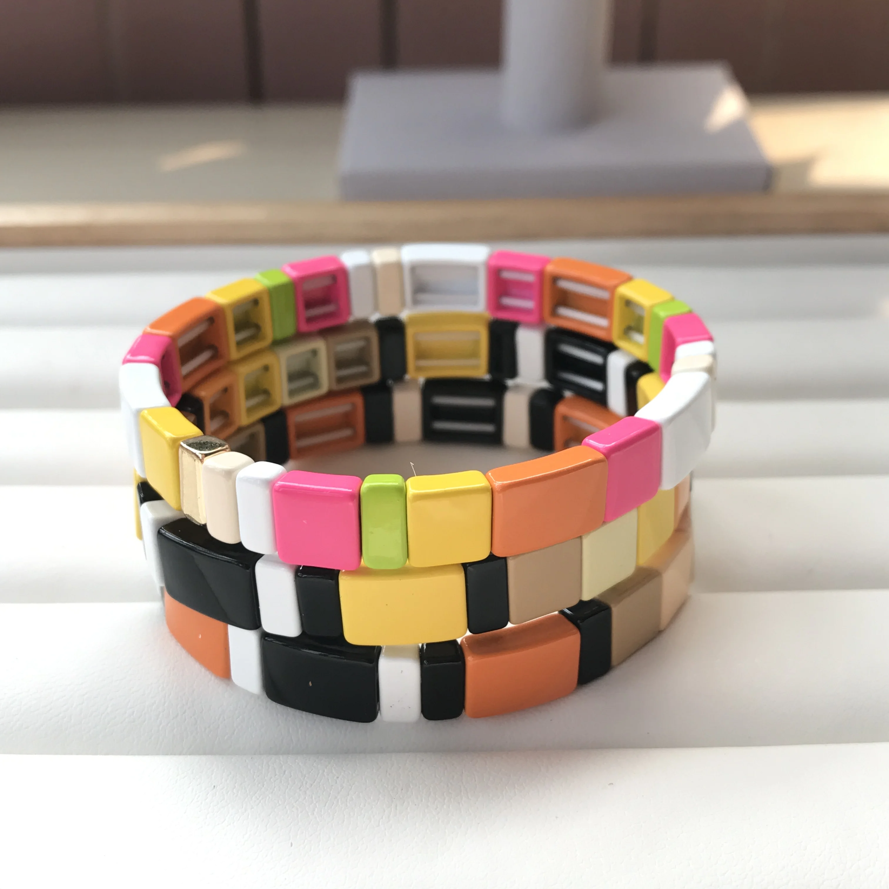 

Colorful Enamel Tile Bracelet,Multi-Stack Tile Painted Beaded Stretch Bracelet,Bohemian Bracelets Fashion Women Jewelry QC2711