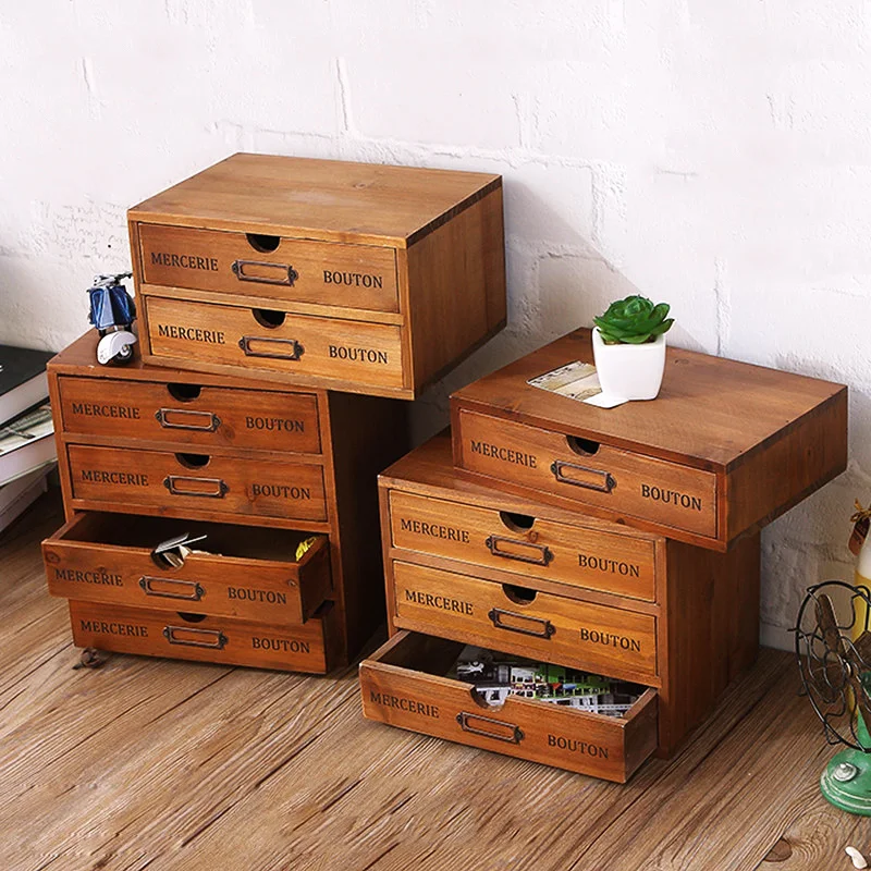  Wooden Retro Storage Drawer Office Desktop Storage Box Jewelry Cosmetic Finishing Box Storage Cabin