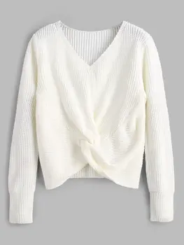 

ZAFUL Sweaters V Neck Twist Front Chunky Sweater Casual Pullover Womens Sweaters 2019 Fall Winter Tops For Women Knitted Sweater