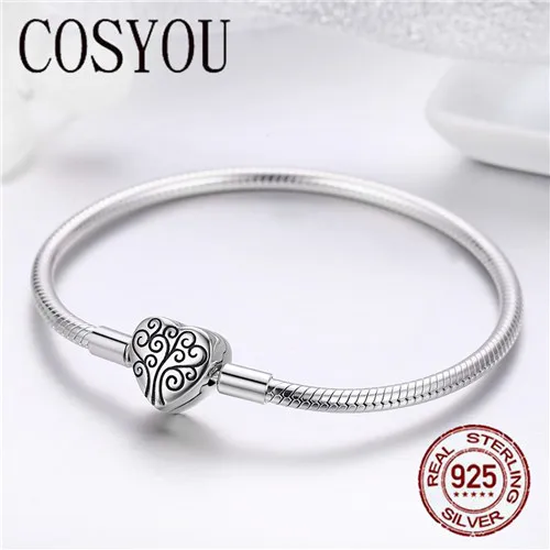 Goedkoop COSYOU 100% 925 Sterling Zilver Lente Boom van Leven Hart Vorm Sluiting Snake Chain Armband Sterling Zilveren Sieraden S925 SCB066