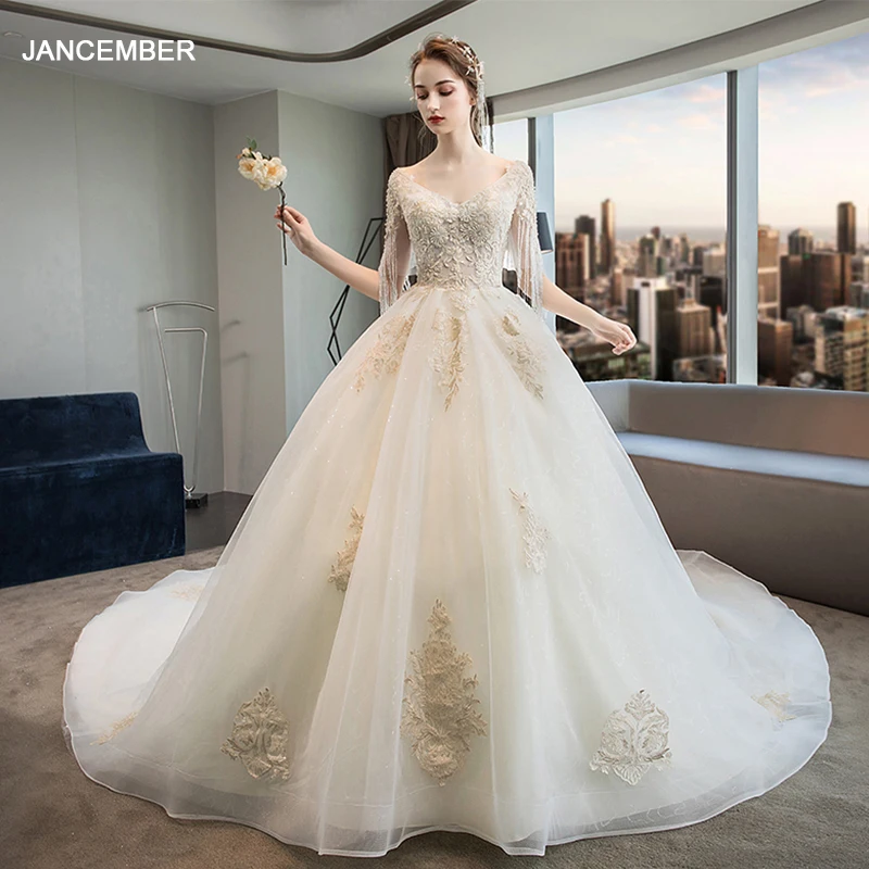 JKM049 Vestido De Noiva элегантное кружевное свадебное платье бальное длиной до пола с
