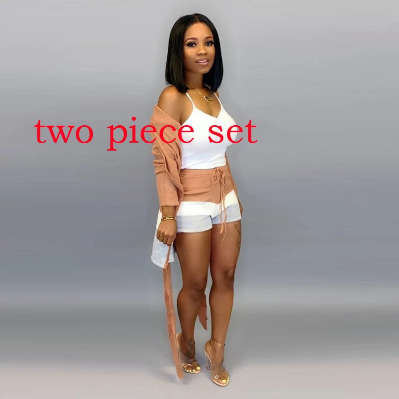 two piece Вязаные комплекты из двух предметов, длинные кардиганы в полоску с длинными рукавами, с поясом и шортами, одинаковые комплекты, женские повседневные Костюмы - Цвет: two piece