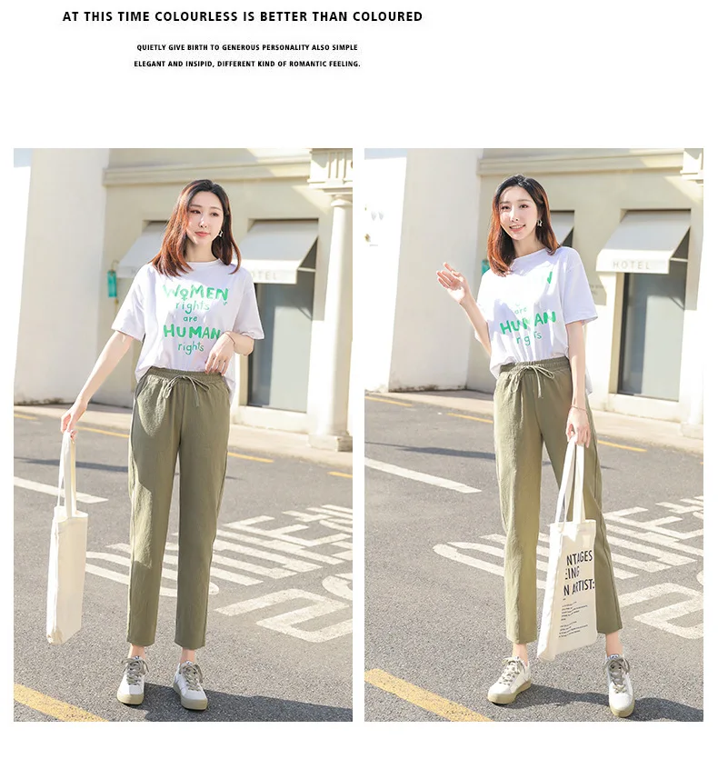 Spring Cotton Linen Pants Plus Size Loose Women Ankle Length Harem Pants Pocket Elastic High Waist Casual Trousers Orange Black