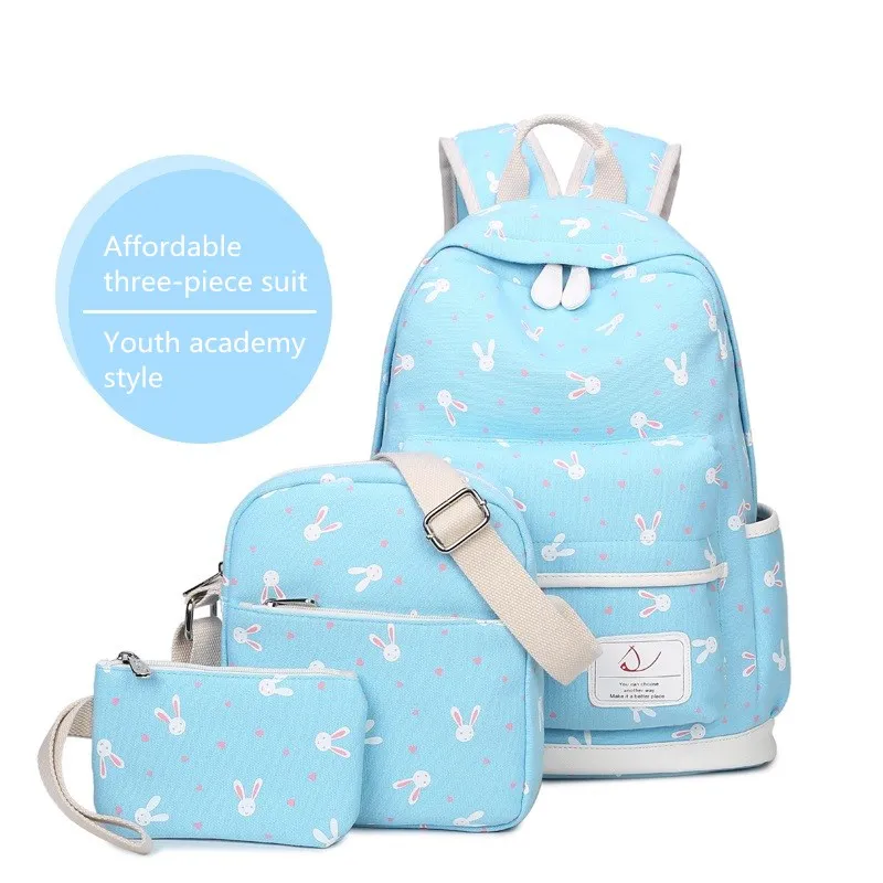 

New Cartoon Rabbit Print Canvas Three-Piece Backpack For Teen Girls Elementary School Schoolbag Breathable Offload Children Bags