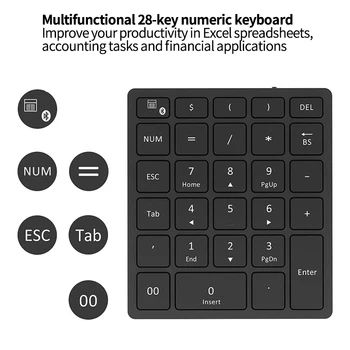 

PC Wireless Bluetooth Numeric Keyboard 28 Key Multiple Shortcut Led Number Pad Tablet Rechargeable for Laptop Desktop