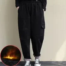 Женские черные джинсы с карманами на осень и зиму, Ретро стиль, Свободные флисовые теплые джинсовые штаны, новинка, повседневные женские брюки с эластичной резинкой на талии