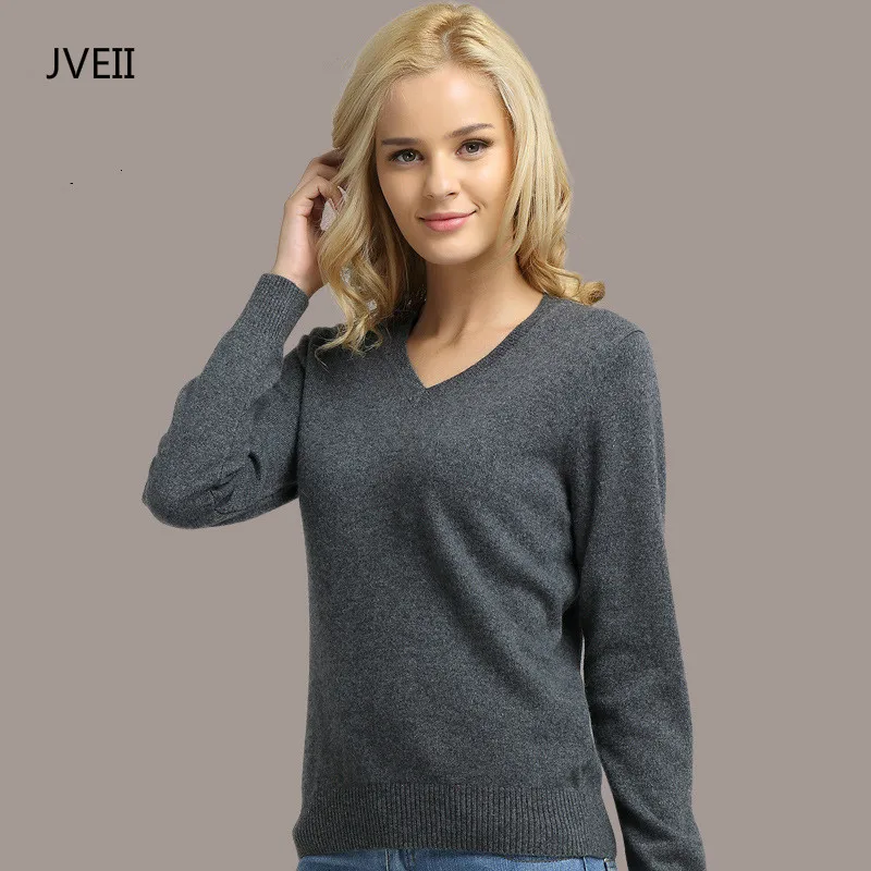 Camisola de Malha Feminina de Manga Comprida com Decote em v de Cashmere Suéter e Pulôver Jveii Mulheres Jumpers Feminino Outono Inverno Magro Ocasional