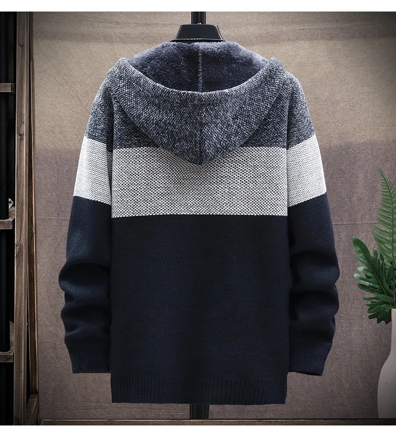 Men's hooded jumper casual sweater coat fleece artificial fur wool sweater autumn/winter warm loose cardigan jacket v neck sweater men