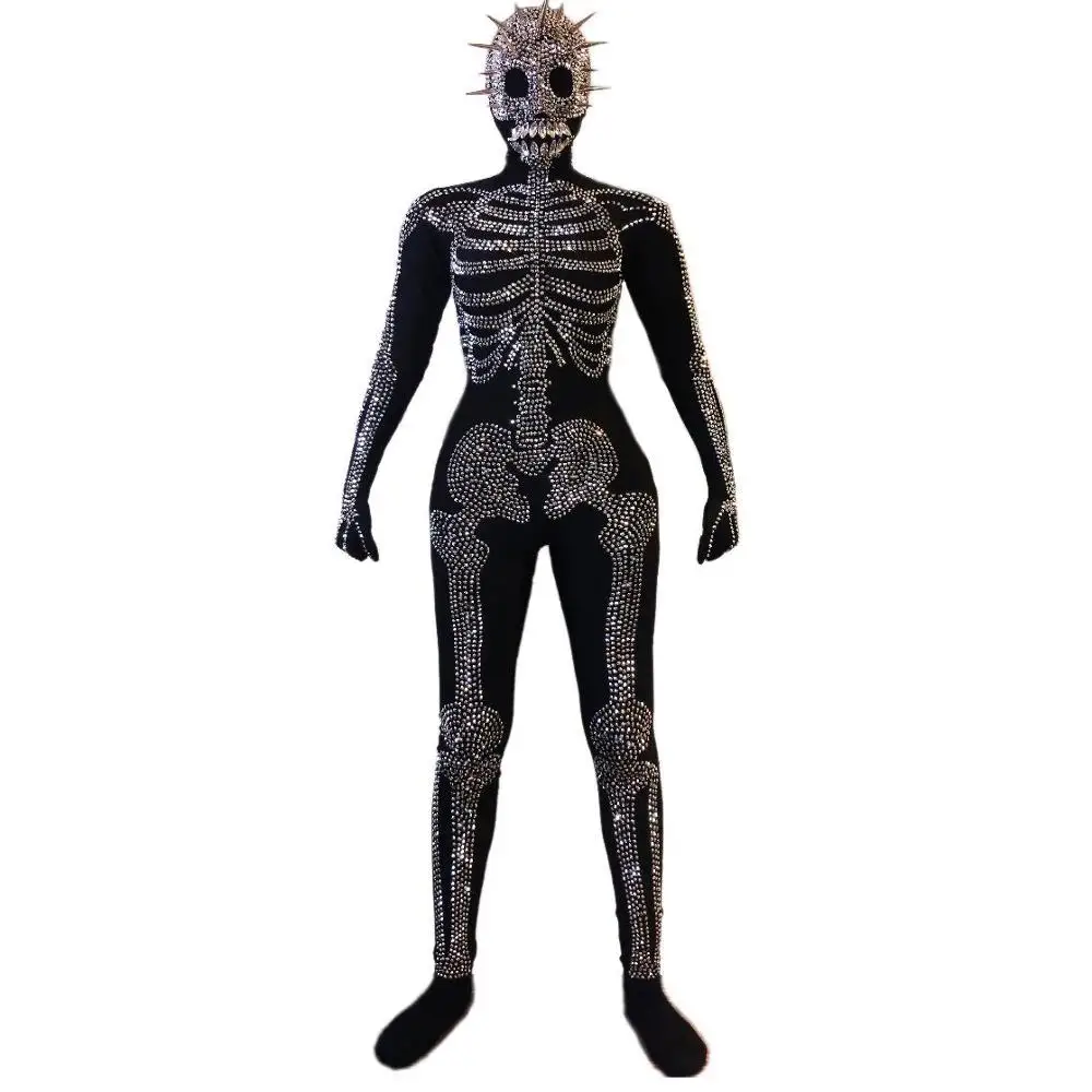 Halloween Outfit Bodysuit Singer Party Show Shining Wear Stage Rhinestone Costume Cosplay Adult Scary Skeleton Print