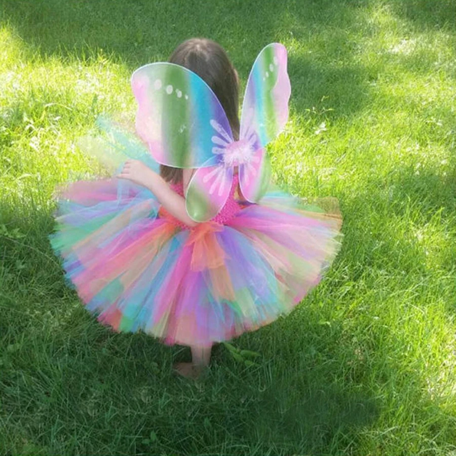 Candy Fairy Costumes Princess Girls Rainbow Tutu Dress Wing Set Kids Pixie Cosplay Halloween Dress Clothing Performing Dresses (7)