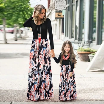 

LILIGIRL 2020 Family Matching Dresses Spring Long Sleeve Mommy And Me Floral Print Dress New Mother Daughter Soft Sexy Dresses